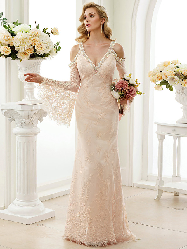 Column Long Sleeves Sweep / Brush Train Lace Bridal Gown With Lace 5