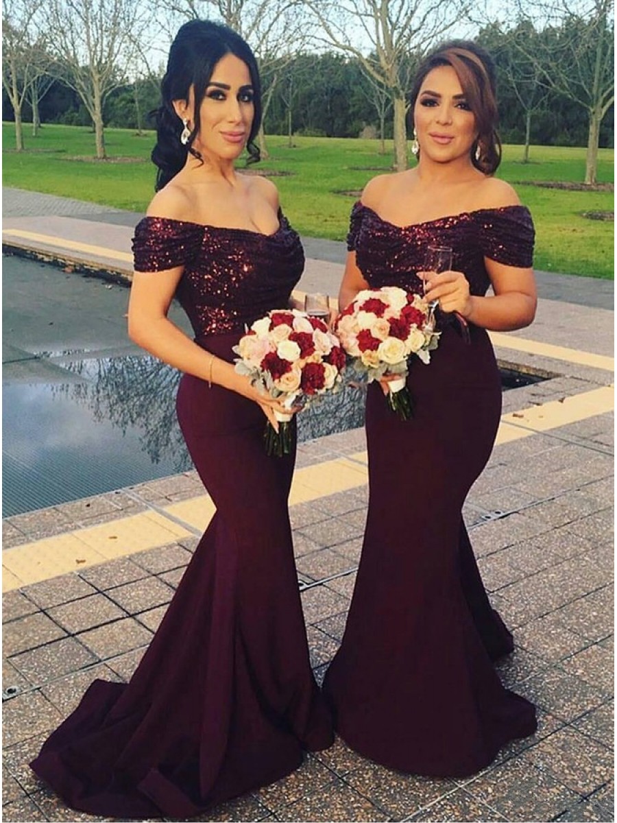 Column Off-the-shoulder Short Sleeves Sweep / Brush Train Evening Dress With Sequins 3