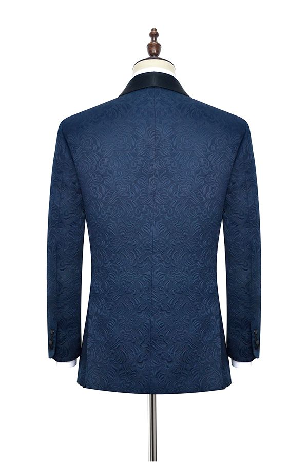 Navy Blue Mens Suits for Weddings with Jacquard Black Silk Shawl Lapel 2