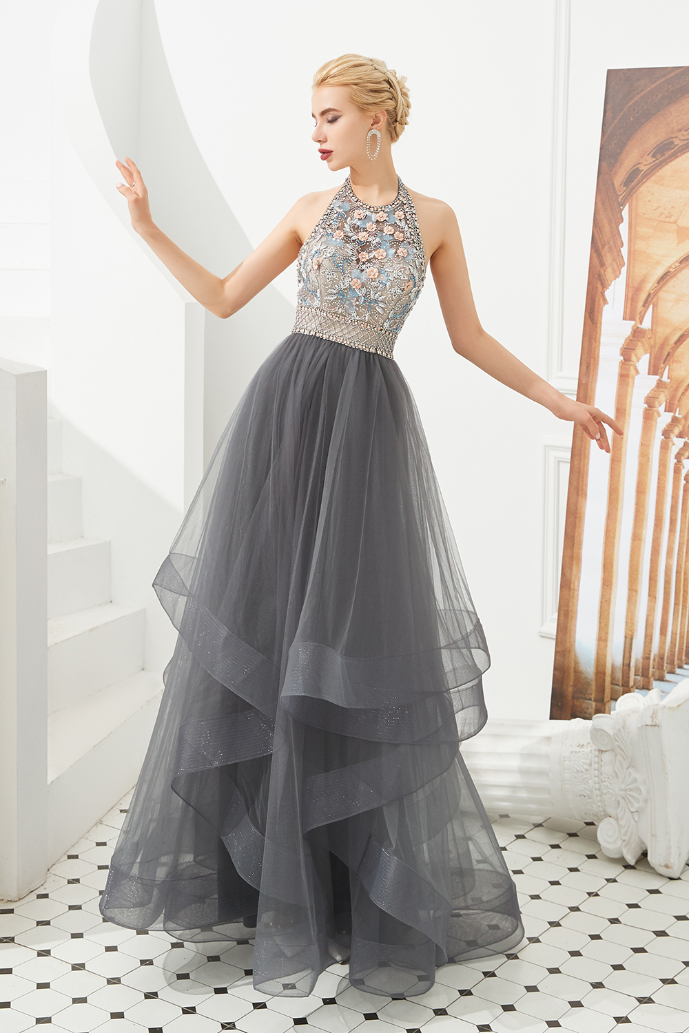 Ball Gown Halter-neck Sleeveless Sweep / Brush Train Tulle Bridal Attire With Crystal 3