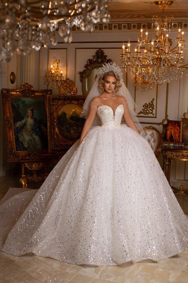 Ball Gown Jewel Neck Cap Sleeves Sweep / Brush Train Bridal Dress With Appliques 3