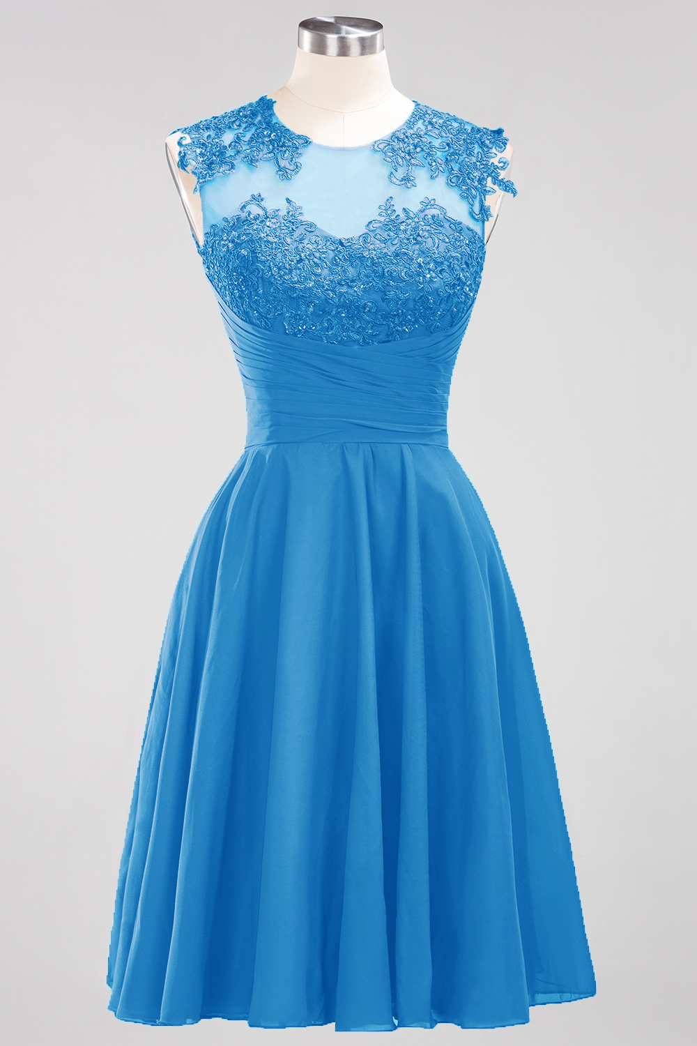 A-line Jewel Neck Sleeveless Knee-length 100D Chiffon Bridesmaid Dress With Appliques 26