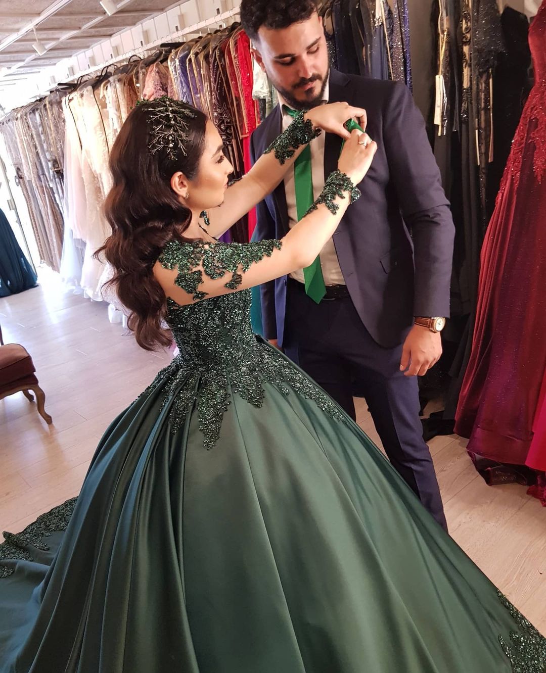 Ball Gown Jewel Neck Long Sleeves Floor-length Satin Wedding Dress With Lace 6