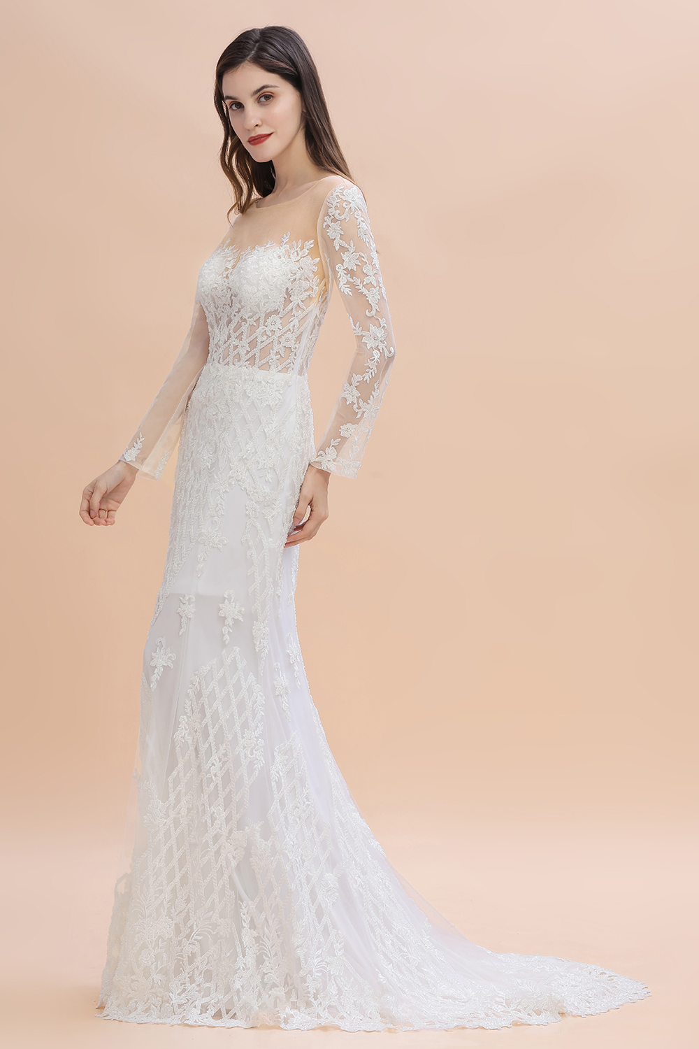 Mermaid Jewel Neck Long Sleeves Chapel Train Tulle Wedding Gown With Lace 6