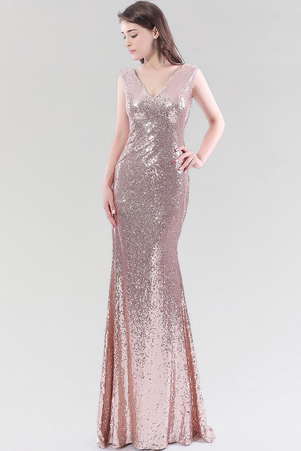 Mermaid V-neck Sleeveless Floor-length Bridesmaid Dress With Sequins 3
