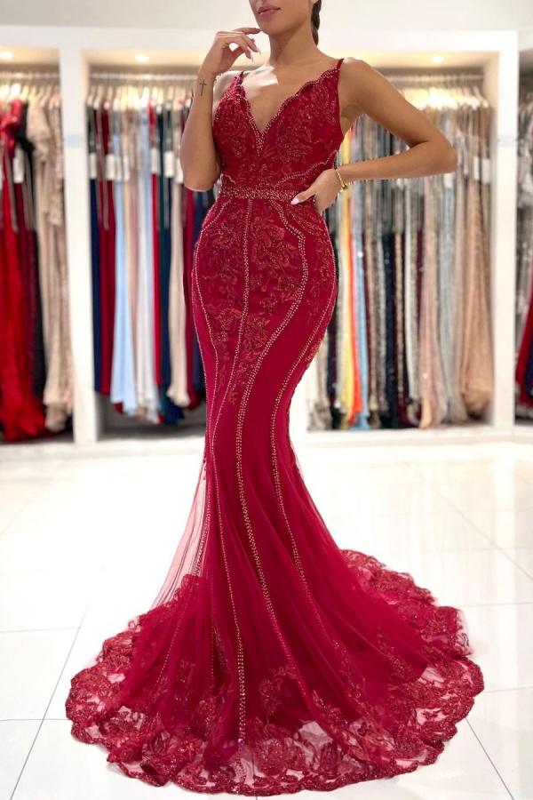 Mermaid Spaghetti Straps Sleeveless Floor-length Lace Formal Dress With Ruffles 1