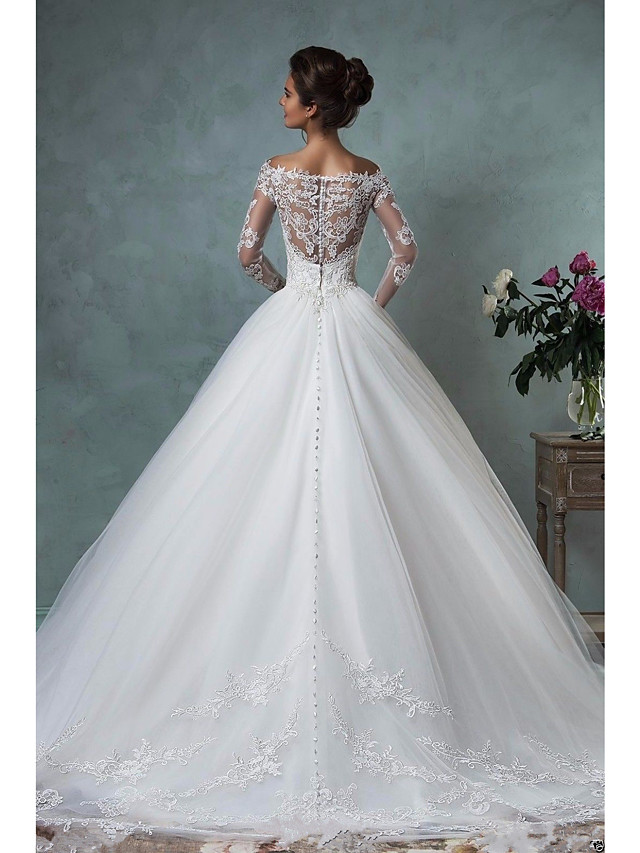 A-line Long Sleeves Court Train Tulle Wedding Gown With Lace 2