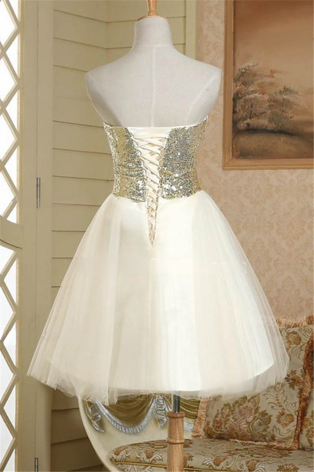 A-line Strapless Sleeveless Knee-length Satin Wedding Dress With Sequins 2