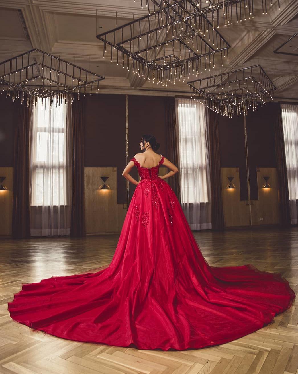 Dramatic Red Off-the-Shoulder Mermaid Gown with Detachable Tulle Overskirt 2