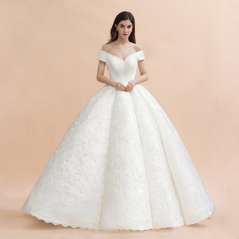 Ball Gown Off-the-shoulder Cap Sleeves Chapel Train Tulle Wedding Gown With Appliques 4