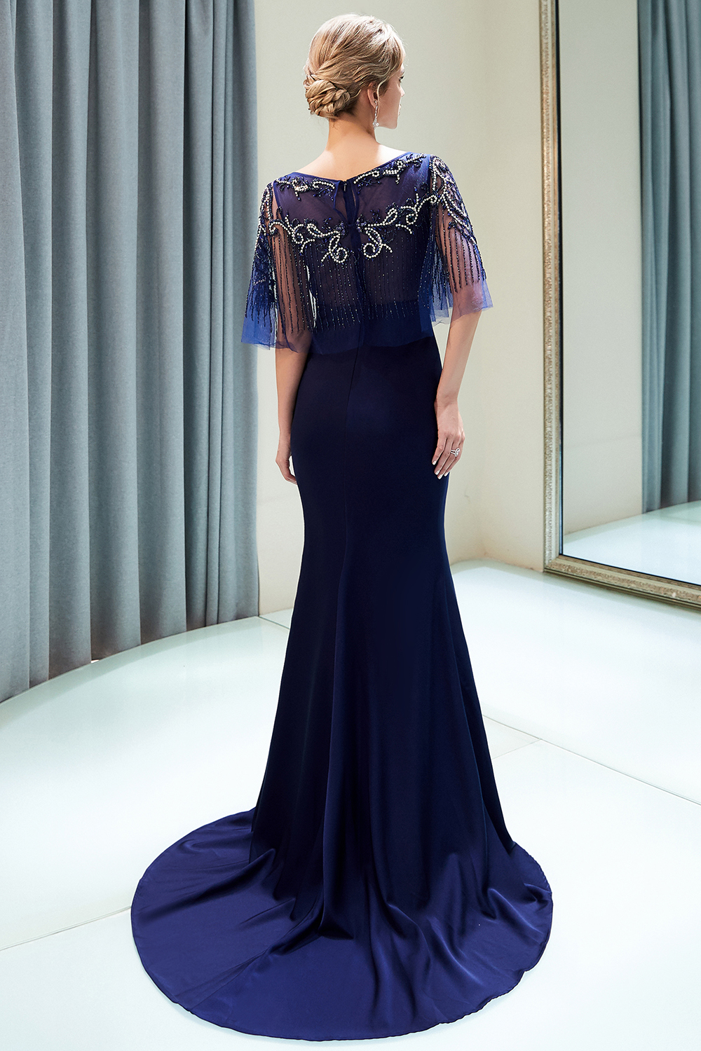 Mermaid Jewel Neck Sleeveless Court Train Stretch Satin Evening Dress With Beading 4