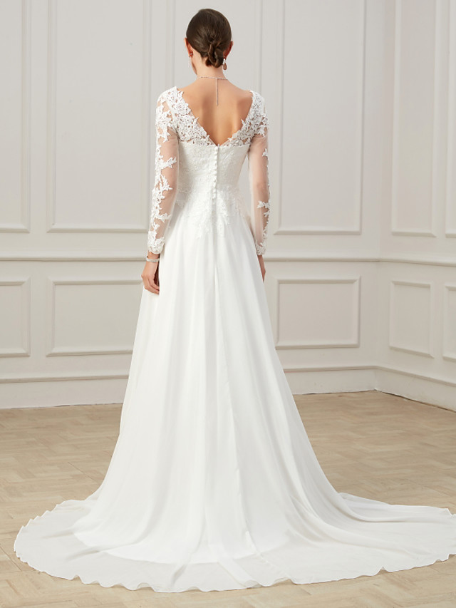Column V-neck Long Sleeves Sweep / Brush Train Lace Bridal Gown With Lace 6