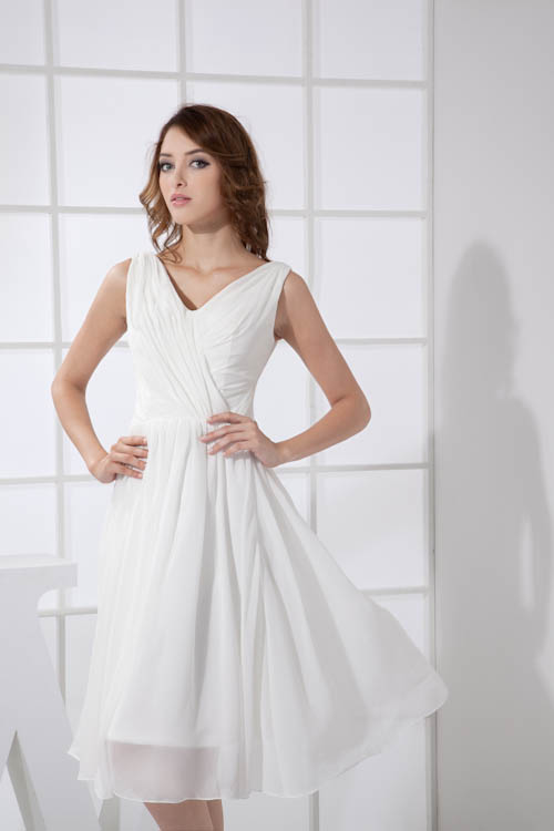 A-line V-neck Sleeveless Knee-length 30D Chiffon Bridesmaid Dress With Ruffles 6