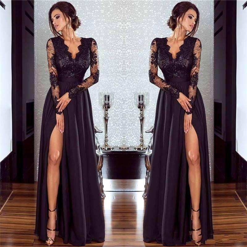 A-line V-neck Long Sleeves Floor-length Evening Dress With Lace 2