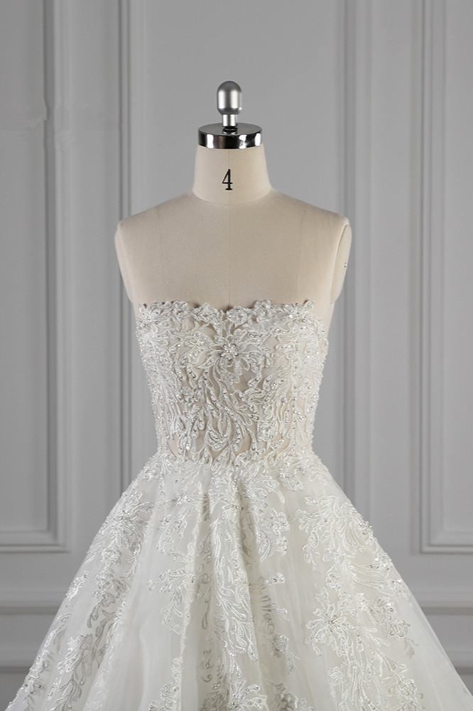 A-line Strapless Sleeveless Floor-length Tulle Bridal Dress With Beading 4