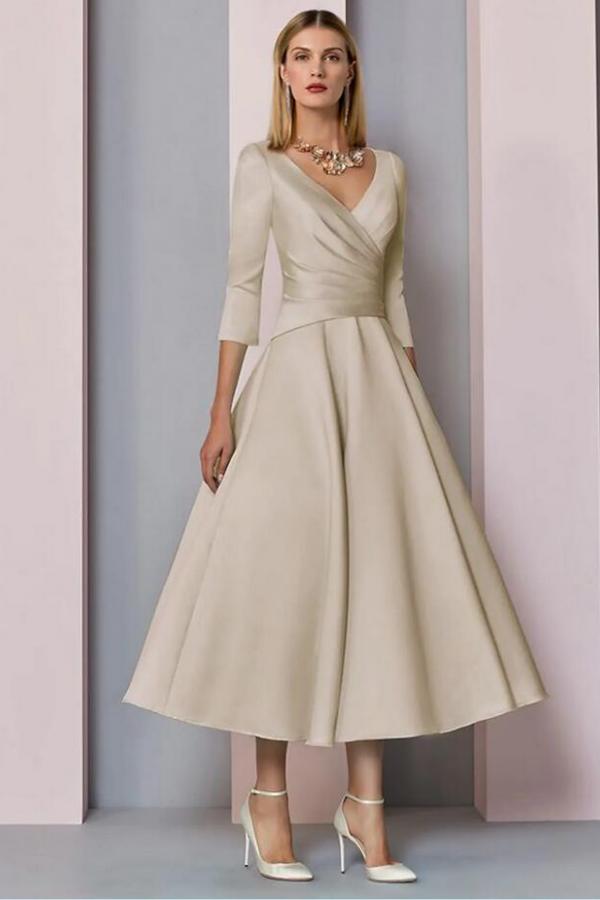 Plus Size Tea Length Mother of the Bride Dress with 3/4 Length Sleeve 1
