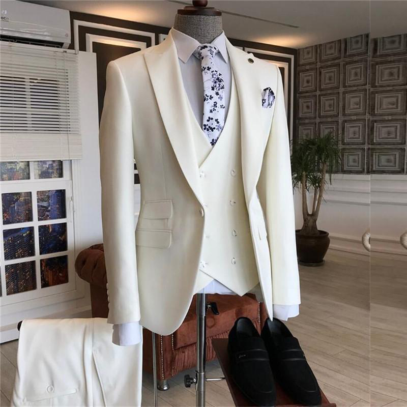 White Three Pieces Peaked Lapel Bespoke Men's Suit for Wedding 2