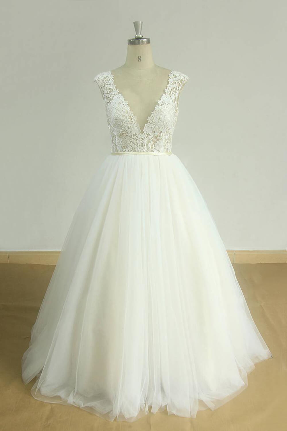 A-line V-neck Sleeveless Floor-length Tulle Wedding Gown With Lace 1