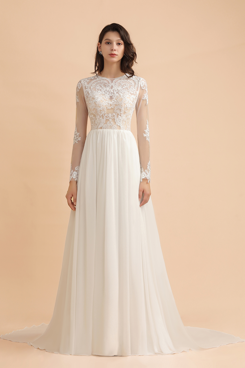 A-line Jewel Neck Long Sleeves Floor-length 100D Chiffon Bridal Attire With Appliques 3