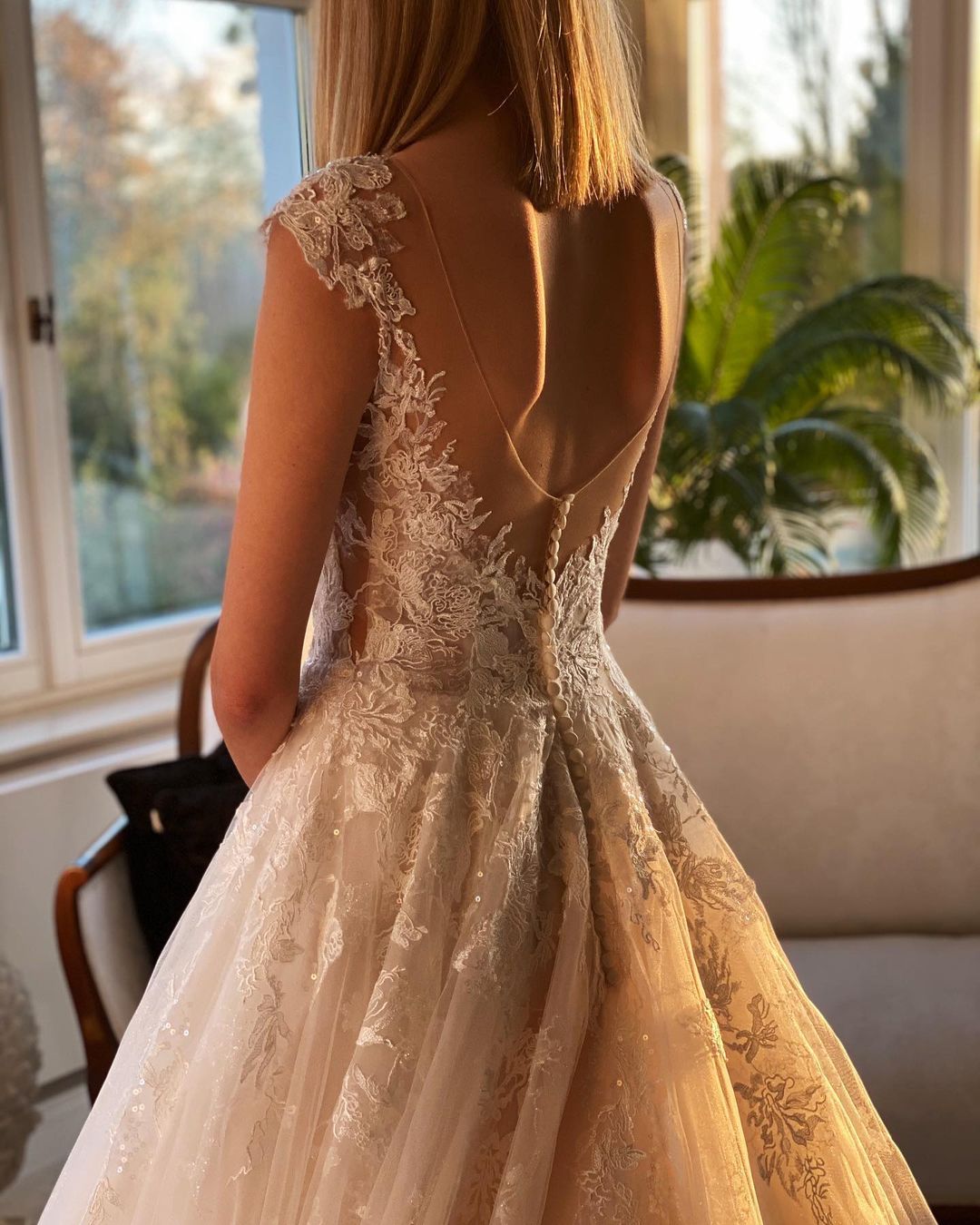 A-line Jewel Neck Sleeveless Court Train Lace Bridal Gown With Pearls 6