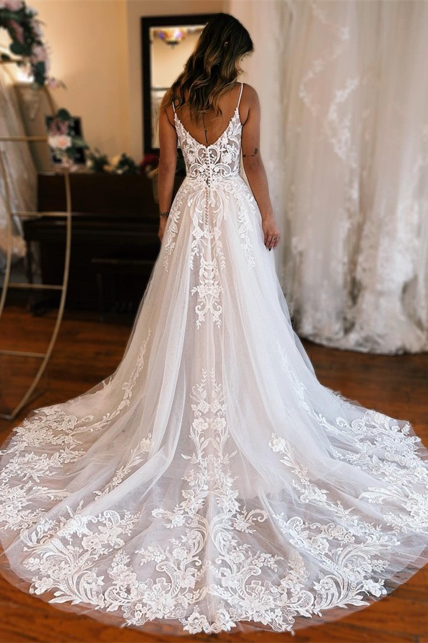 A-line Spaghetti Straps Sleeveless Chapel Train Lace Bridal Gown With Ruffles 2
