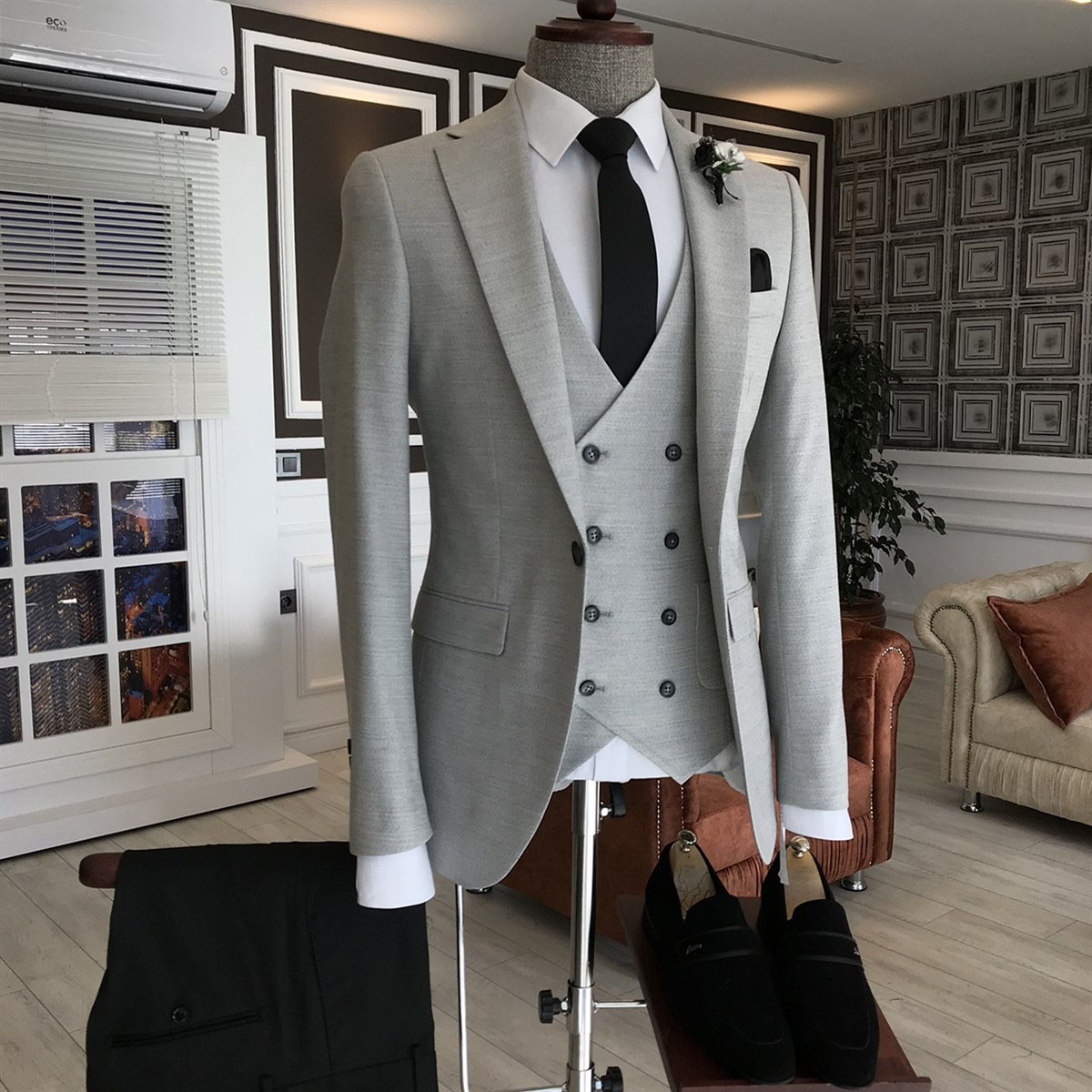 Light Gray Double Breasted Waistcoat Business Suit 2