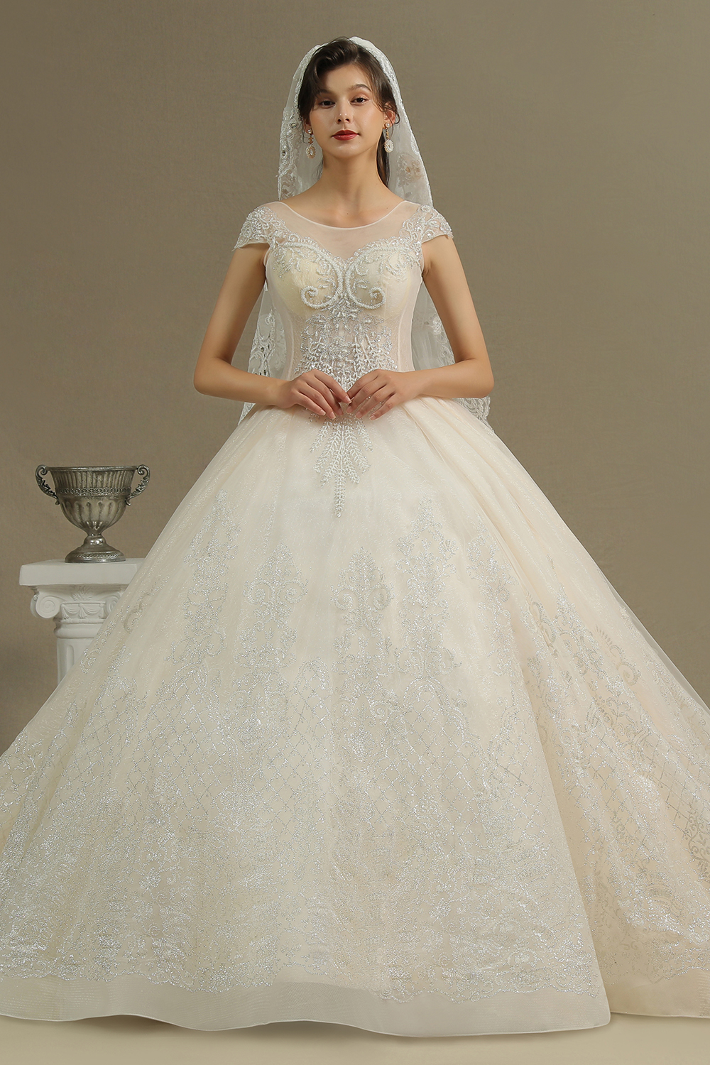 A-line Jewel Neck Sleeveless Cathedral Train Tulle Bridal Gown With Lace 1