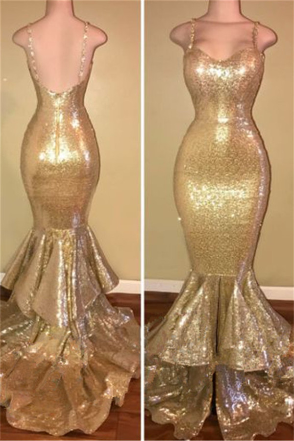 Mermaid Spaghetti Straps Sleeveless Sweep / Brush Train Evening Dress With Sequins 1