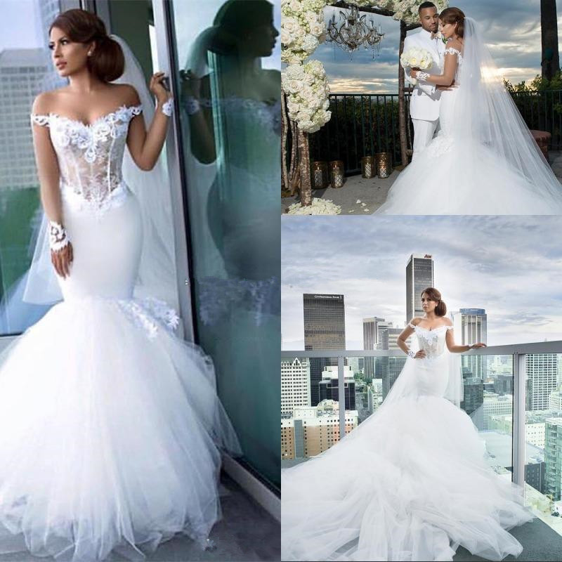 Mermaid Off-the-shoulder Long Sleeves Chapel Train Tulle Bridal Gown With Appliques 3