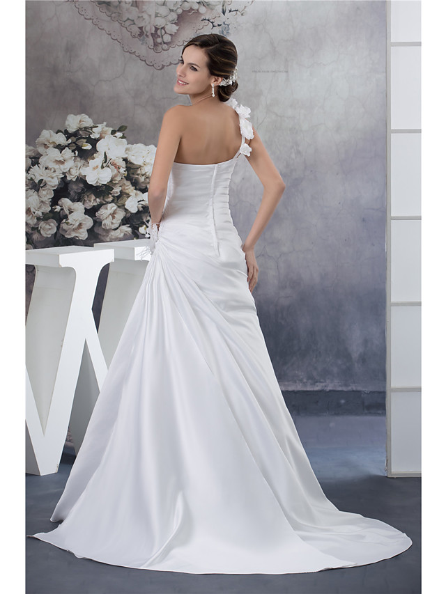 A-line One Shoulder Sleeveless Tulle Wedding Dress With Court Train 3