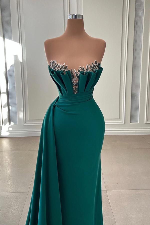 Mermaid Strapless Sleeveless Floor-length Stretch Satin Evening Dress With Beading 2