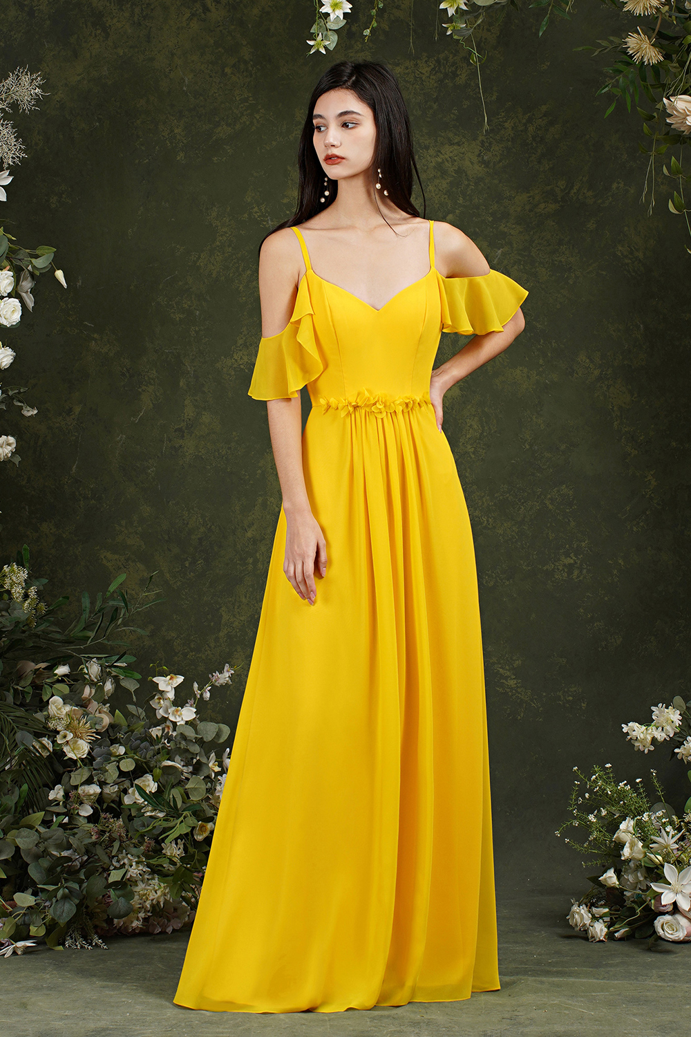 A-line Spaghetti Straps Sweetheart Neck Cap Sleeves Floor-length 100D Chiffon Bridesmaid Gown With Pockets 5