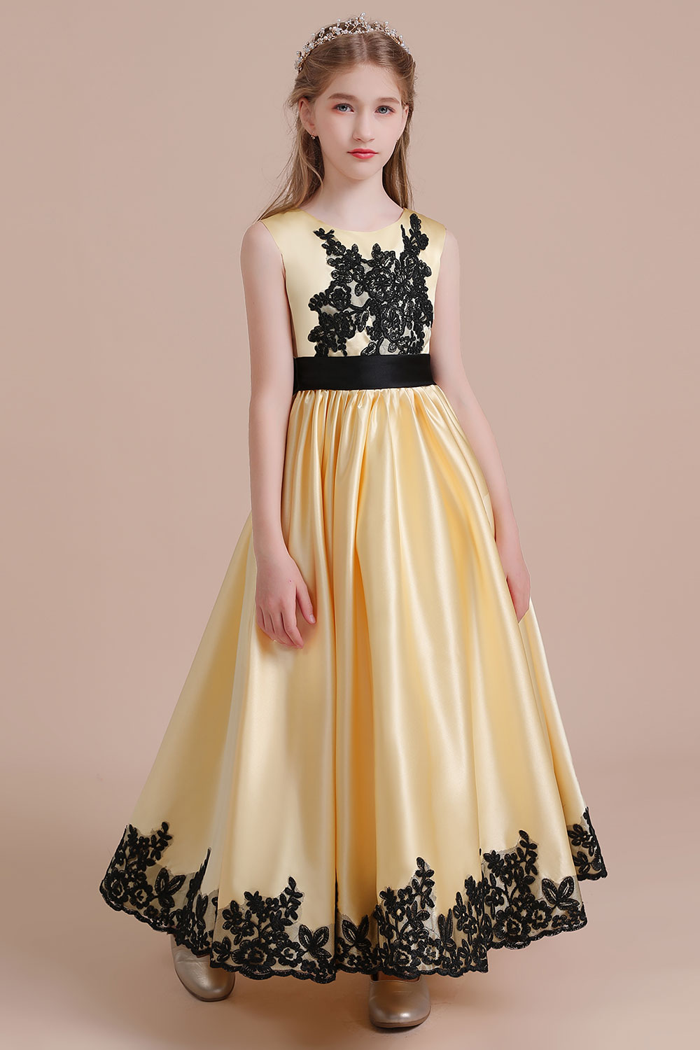 A-line Jewel Neck Sleeveless Ankle-length Satin Flower Girl Dress With Appliques 3