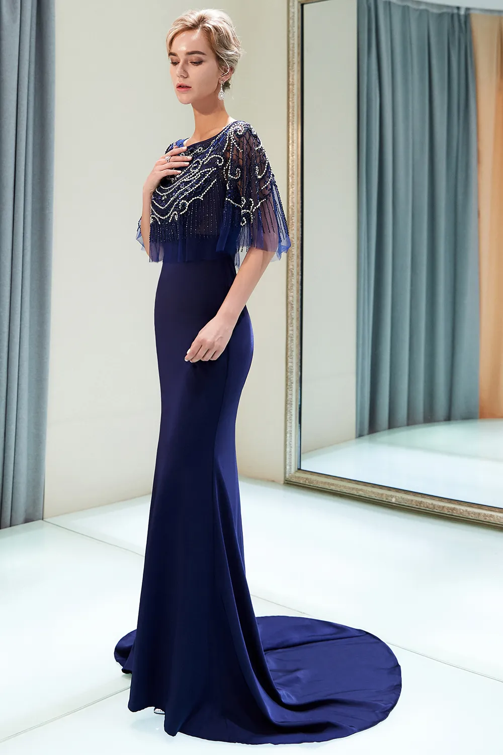 Mermaid Jewel Neck Sleeveless Court Train Stretch Satin Evening Dress With Beading 2