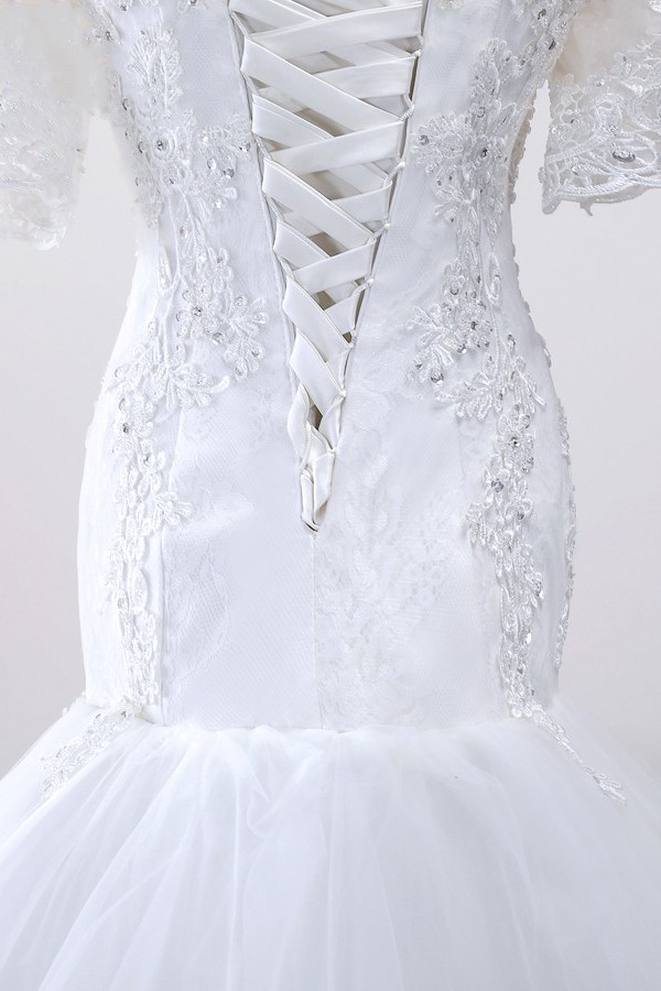 Mermaid Jewel Neck Short Sleeves Floor-length Tulle Wedding Dress With Lace 5