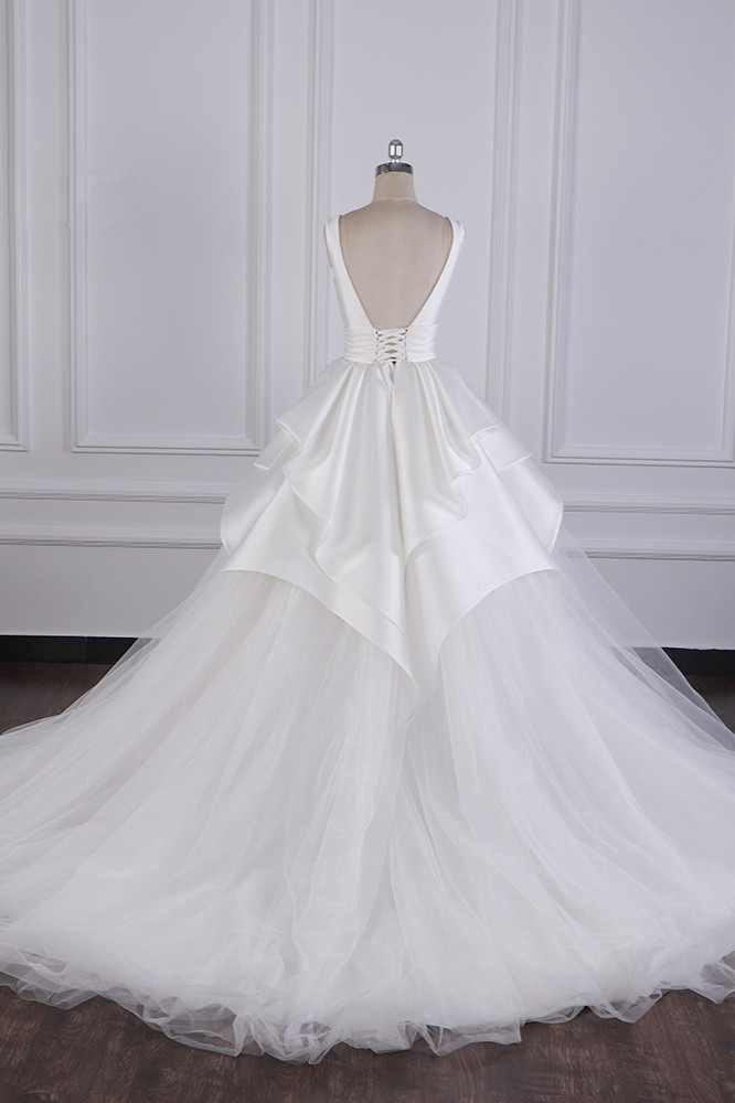 A-line Jewel Neck Sleeveless Floor-length Tulle Wedding Gown With Ruffles 3