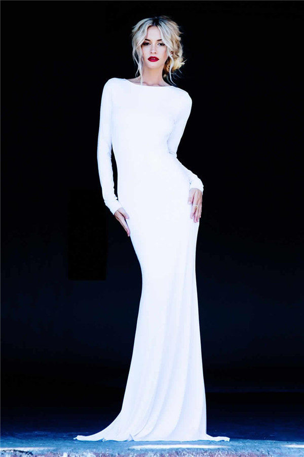Column Bateau Neck Satin Evening Dress With Sweep / Brush Train 1