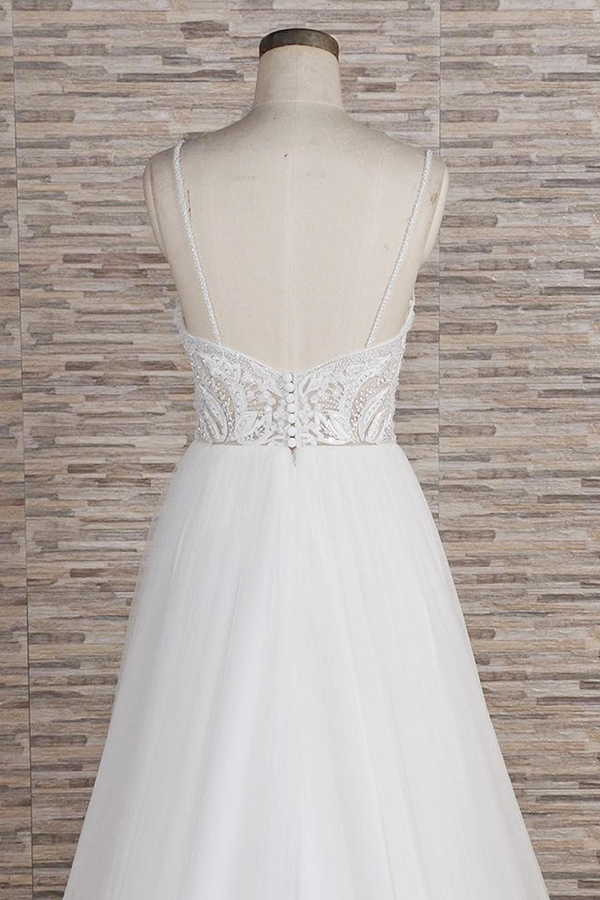 A-line Spaghetti Straps Sleeveless Court Train Tulle Wedding Gown With Beading 6