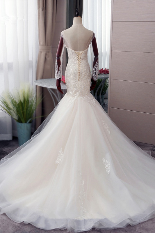 Mermaid Jewel Neck Long Sleeves Floor-length Tulle Wedding Dress With Lace 2