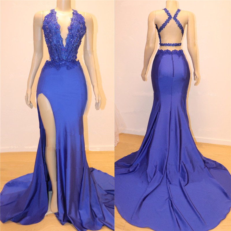 Mermaid V-neck Sleeveless Court Train Stretch Satin Formal Dress With Lace 2