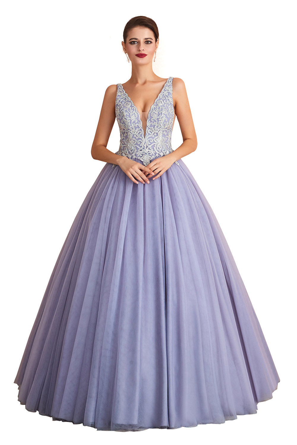 A-line Plunging Neckline Sleeveless Sweep / Brush Train Tulle Formal Wear With Rhinestone 2