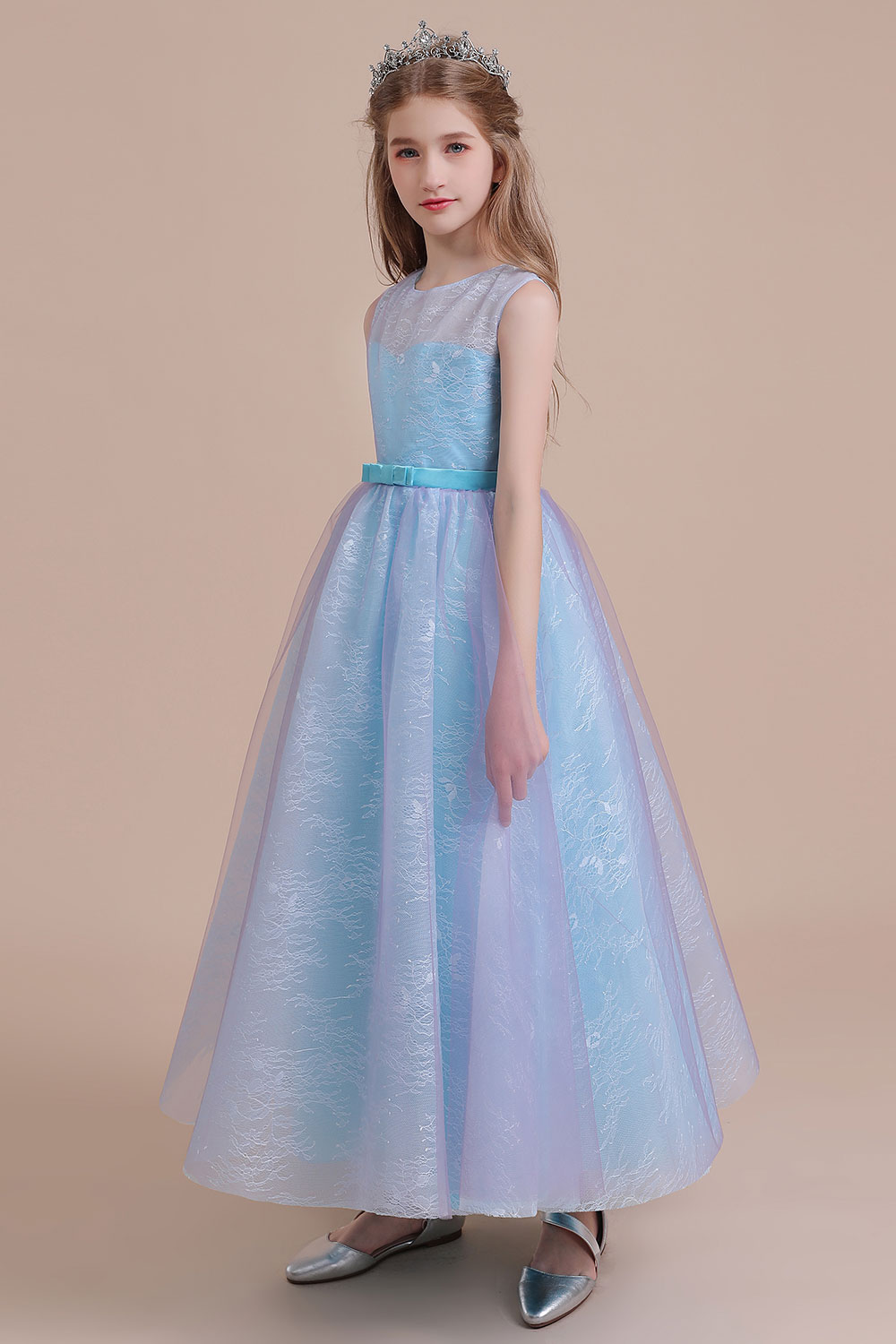 A-line Sweetheart Neck Jewel Neck Sleeveless Ankle-length Tulle Flower Girl Dress With Lace 3
