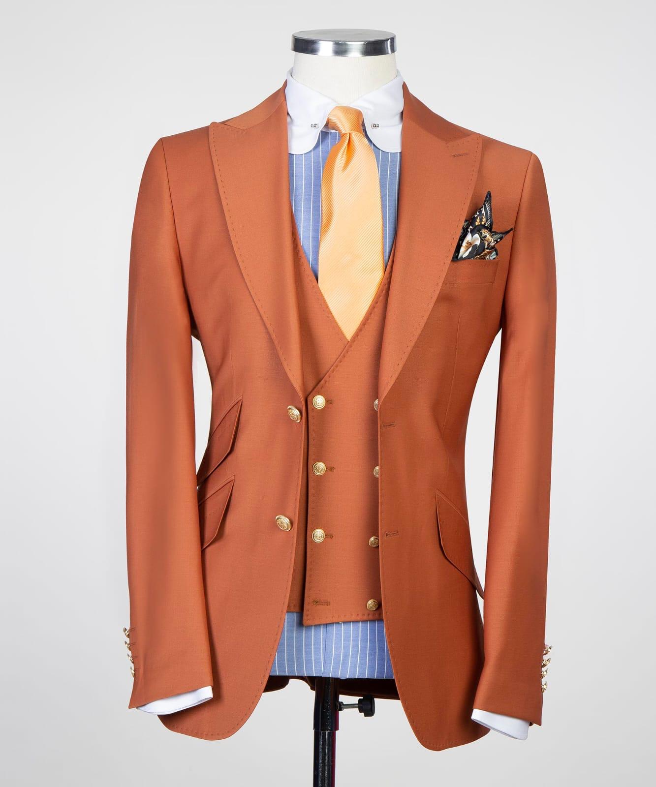 Orange Close Fitting Prom Men Suit with Peaked Lapel 5