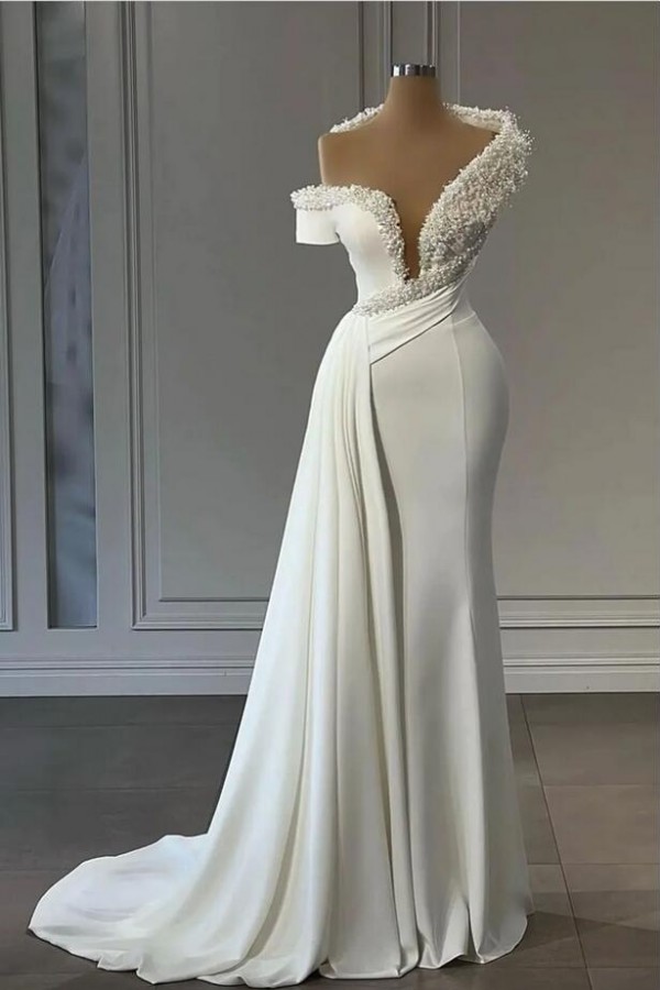 Mermaid Off-the-shoulder Sleeveless Floor-length Stretch Satin Formal Dress With Beading 1