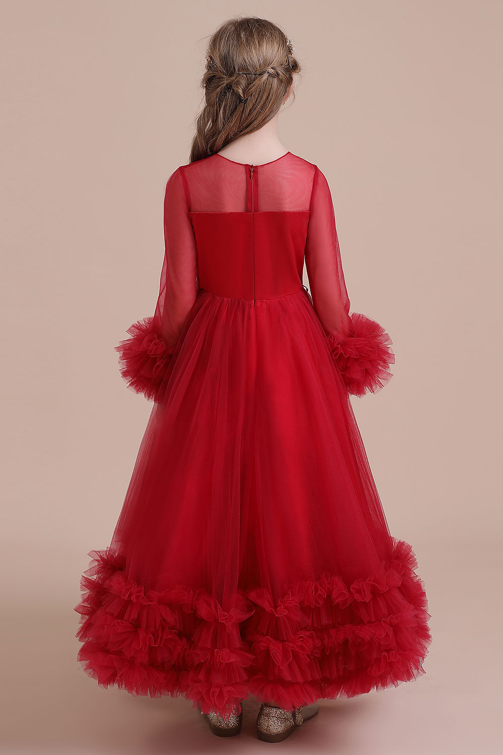 A-line Jewel Neck Long Sleeves Ankle-length Tulle Flower Girl Dress With Cascading Ruffle 2