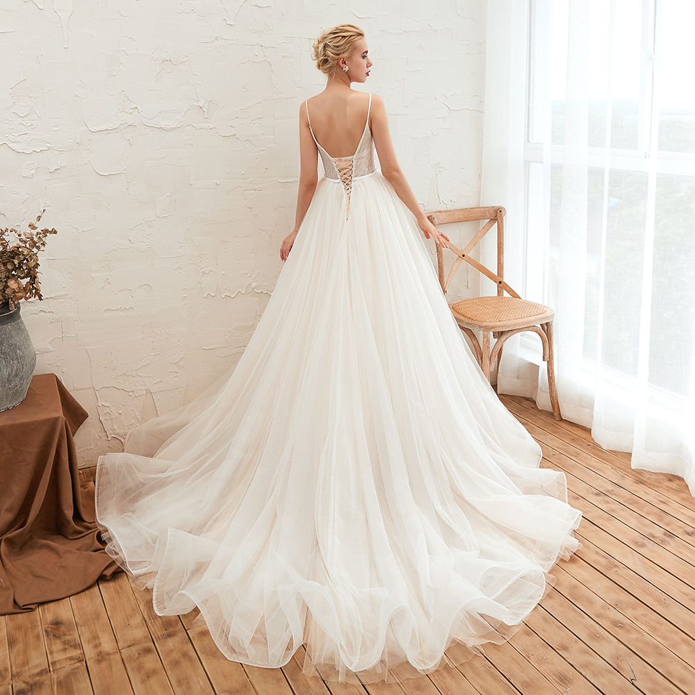 A-line Plunging Neckline Sleeveless Cathedral Train Tulle Wedding Gown With Flower(s) 21
