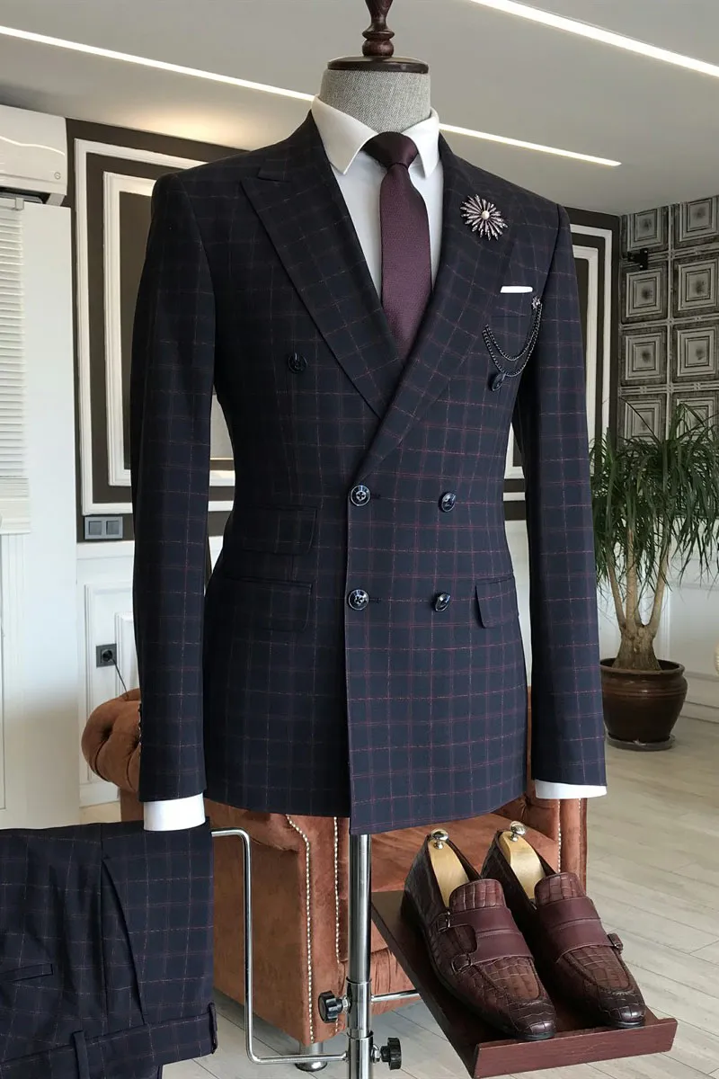 Black Plaid Double Breasted 3 Flaps Business Suit 1
