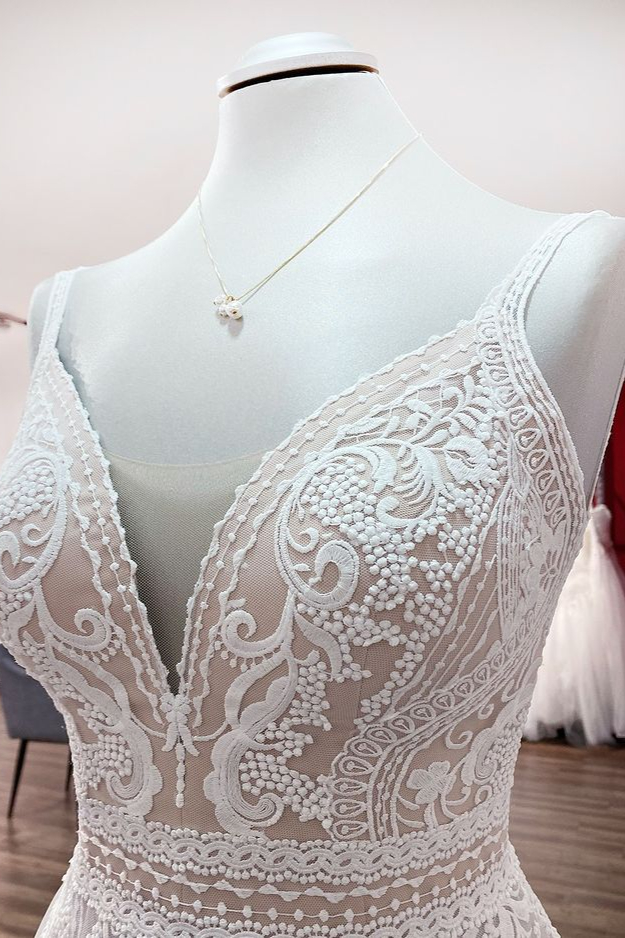 A-line V-neck Sleeveless Sweep / Brush Train Tulle Wedding Gown With Ruffles 5