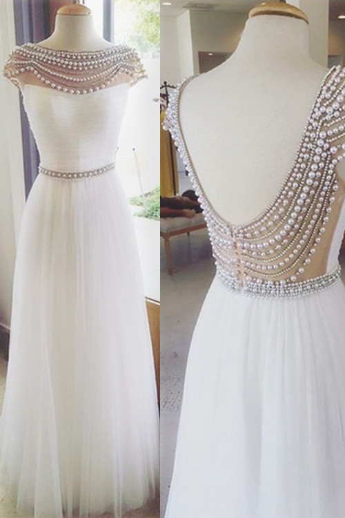 A-line Bateau Neck Cap Sleeves Floor-length Evening Dress With Pearls 1