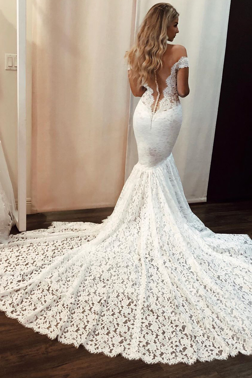 Mermaid Off-the-shoulder Sleeveless Sweep / Brush Train Wedding Gown With Lace 2